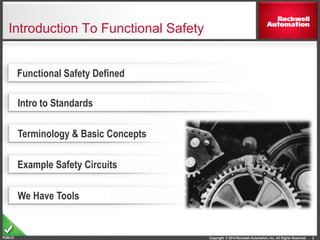 Copyright © 2014 Rockwell Automation, Inc. All Rights Reserved.PUBLIC 2
Introduction To Functional Safety
Intro to Standards
We Have Tools
Functional Safety Defined
Example Safety Circuits
Terminology & Basic Concepts
 