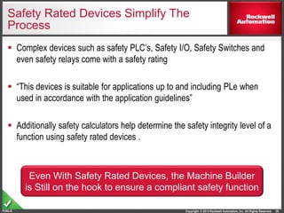 Copyright © 2014 Rockwell Automation, Inc. All Rights Reserved.PUBLIC
Safety Rated Devices Simplify The
Process
 Complex devices such as safety PLC’s, Safety I/O, Safety Switches and
even safety relays come with a safety rating
 “This devices is suitable for applications up to and including PLe when
used in accordance with the application guidelines”
 Additionally safety calculators help determine the safety integrity level of a
function using safety rated devices .
26
Even With Safety Rated Devices, the Machine Builder
is Still on the hook to ensure a compliant safety function
 