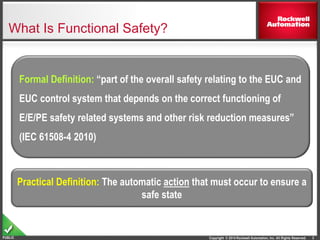 Copyright © 2014 Rockwell Automation, Inc. All Rights Reserved.PUBLIC
What Is Functional Safety?
3
Formal Definition: “part of the overall safety relating to the EUC and
EUC control system that depends on the correct functioning of
E/E/PE safety related systems and other risk reduction measures”
(IEC 61508-4 2010)
Practical Definition: The automatic action that must occur to ensure a
safe state
 