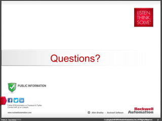 Copyright © 2014 Rockwell Automation, Inc. All Rights Reserved.
PUBLIC
PUBLIC - 5058-CO900G
.
Connect with us.
www.rockwellautomation.com
Copyright © 2013 Rockwell Automation, Inc. All Rights Reserved.
www.rockwellautomation.com
Follow ROKAutomation on Facebook & Twitter.
Connect with us on LinkedIn.
Rev 5058-CO900E
PUBLIC INFORMATION
Questions?
57
 