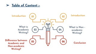 ➢ Table of Content :-
Introduction Introduction
What is
Academic
Writing?
Conclusion
What is Non -
academic
Writing?
01 02
03 04
05 06
Diﬀerence between
Academic and
Non-academic
Writing?
 
