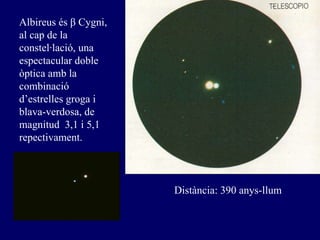 Albireus és β Cygni, al cap de la constel·lació, una espectacular doble òptica amb la combinació d’estrelles groga i blava-verdosa, de magnitud  3,1 i 5,1 repectivament. Distància: 390 anys-llum 