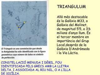 TRIANGULUM CONSTEL·LACIÓ MENUDA I DÈBIL, FOU IDENTIFICADA PELS GRECS AMB LA LLETRA DELTA, I ASSOCIADA AL RIU NIL, O A L’ILLA DE SICÍLIA. Allò més destacable és la Galàxia M33, o Galàxia del Molinet, de magnitud 5’5, a 3’6 milions d’anys llum. És el tercer membre en importància del Grup Local,després de la Galàxia D’Andròmeda i la Via Làctia. 