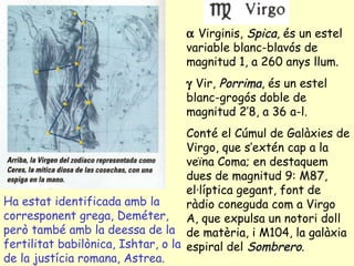 Ha estat identificada amb la corresponent grega, Deméter, però també amb la deessa de la fertilitat babilònica, Ishtar, o la de la justícia romana, Astrea.    Virginis,  Spica , és un estel variable blanc-blavós de magnitud 1, a 260 anys llum.    Vir,  Porrima , és un estel blanc-grogós doble de magnitud 2’8, a 36 a-l. Conté el Cúmul de Galàxies de Virgo, que s’extén cap a la veïna Coma; en destaquem dues de magnitud 9: M87, el·líptica gegant, font de ràdio coneguda com a Virgo A, que expulsa un notori doll de matèria, i M104, la galàxia espiral del  Sombrero . 