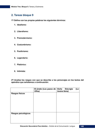 Módulo Tres. Bloque 9. Tareas y Exámenes
Educación Secundaria Para Adultos – Ámbito de la Comunicación. Lengua 149
2. Tareas bloque 9
1º/ Define con tus propias palabras los siguientes términos:
1. Idealismo:
2. Liberalismo:
3. Premodernismo:
4. Costumbrismo:
5. Positivismo:
6. Legendario:
7. Platónico:
8. Intimista:
2º/ Analiza los rasgos con que se describe a los personajes en los textos del
apéndice que señalamos a continuación:
El jinete (Los pazos de
Ulloa)
Doña Eduvigis (La
buena fama)
Rasgos físicos
Rasgos psicológicos
 