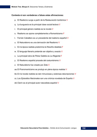Módulo Tres. Bloque 9. Soluciones Tareas y Exámenes
Educación Secundaria Para Adultos – Ámbito de la Comunicación. Lengua 152
Contesta si son verdaderas o falsas estas afirmaciones:
p. El Realismo surge a partir de la Restauración borbónica V
q. La burguesía es la principal clase social lectora V
r. El principal género realista es la novela V
s. Realismo se opone completamente a Romanticismo F
t. Fernán Caballero es un precedente del realismo español V
u. El Naturalismo es una derivación del Realismo V
v. En la época realista predomina la filosofía idealista F
w. El lenguaje literario pretende ser objetivo y exacto V
x. La principal obra de Pérez Galdós es La Regenta F
y. El Realismo español procede del costumbrismo V
z. El Naturalismo fue creado por Zola V
aa.El Posromanticismo se produjo en plena época realista V
bb.En la novela realista se dan minuciosas y extensas descripciones V
cc. Los Episodios Nacionales son una crónica novelada de España V
dd.Clarín es el principal autor naturalista español V
 