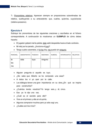 Módulo Tres. Bloque 8. Tema 3. La morfología
Educación Secundaria Para Adultos – Ámbito de la Comunicación. Lengua 59
7.- Pronombres relativos. Aparecen siempre en proposiciones subordinadas de
relativo, sustituyendo a su antecedente: que, cual/es, quien/es, cuyo/a/os/as
(relativo-posesivo).
Ejercicio 4
Subraya los pronombres de las siguientes oraciones y escríbelos en el fichero
correspondiente. A continuación te mostramos un EJEMPLO de cómo debes
hacerlo:
• El jugador golpeó mal la pelota; ésta salió despedida hacia el lado contrario.
• Mi reloj se ha parado, ¿funciona el tuyo?
• Tengo cuatro caramelos, si te los doy, me quedo sin ninguno.
PERSONAL DEMOSTRATIVO POSESIVO INDEFINIDO NUMERAL INTERROGATIVO RELATIVOS
te
los
me
ésta tuyo ninguno
• Alguien pregunta si aquello es tuyo.
• ¿No sabe que Alberto se ha comprado una casa?
• A éstos los vi yo ayer por la calle.
• Los diálogos tienen una gran importancia en su obra.¿En qué se inspira
para construirlos?
• ¿Cuántos tenéis vosotros? Yo tengo seis, y él, cinco.
• Eso ya lo dijo una vez.
• ¿Cuál es el secreto para ello?
• Vive en el primero y ella en el quinto.
• Algunos compraron muchos pero yo sólo cogí uno.
• ¿Cuáles son los míos?
 
