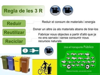 Regla de les 3 R
Reduir
Reutilizar
Reciclar

Reduir el consum de materials i energia
Donar un altre ús als materials abans de tirar-los
Fabricar nous objectes a partir d'allò que ja
no ens serveix i sense consumir nous
recursos naturals

 