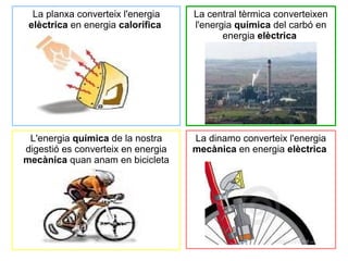 La planxa converteix l'energia
elèctrica en energia calorífica

La central tèrmica converteixen
l'energia química del carbó en
energia elèctrica

L'energia química de la nostra
digestió es converteix en energia
mecànica quan anam en bicicleta

La dinamo converteix l'energia
mecànica en energia elèctrica

 