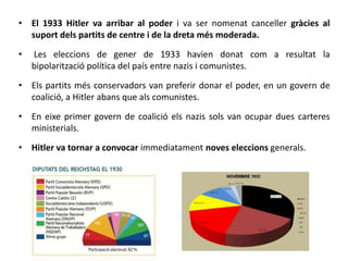 • El 1933 Hitler va arribar al poder i va ser nomenat canceller gràcies al
suport dels partits de centre i de la dreta més moderada.
• Les eleccions de gener de 1933 havien donat com a resultat la
bipolarització política del país entre nazis i comunistes.
• Els partits més conservadors van preferir donar el poder, en un govern de
coalició, a Hitler abans que als comunistes.
• En eixe primer govern de coalició els nazis sols van ocupar dues carteres
ministerials.
• Hitler va tornar a convocar immediatament noves eleccions generals.
 