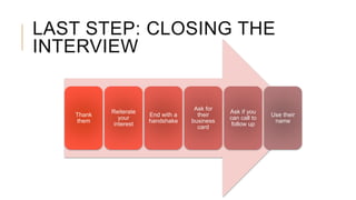 Thank
them
Reiterate
your
interest
End with a
handshake
Ask for
their
business
card
Ask if you
can call to
follow up
Use their
name
LAST STEP: CLOSING THE
INTERVIEW
 