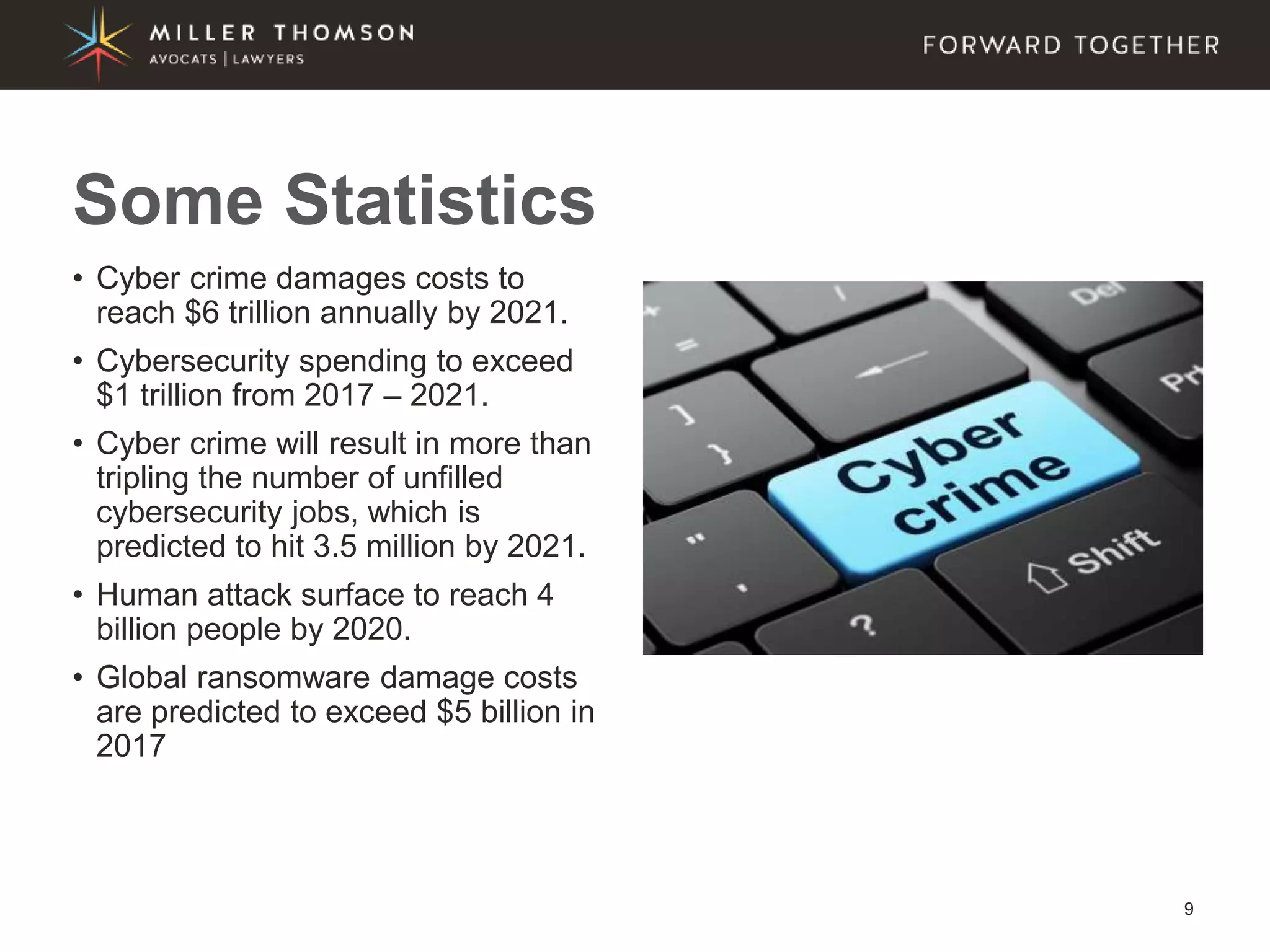 9
• Cyber crime damages costs to
reach $6 trillion annually by 2021.
• Cybersecurity spending to exceed
$1 trillion from 2017 – 2021.
• Cyber crime will result in more than
tripling the number of unfilled
cybersecurity jobs, which is
predicted to hit 3.5 million by 2021.
• Human attack surface to reach 4
billion people by 2020.
• Global ransomware damage costs
are predicted to exceed $5 billion in
2017
Some Statistics
 