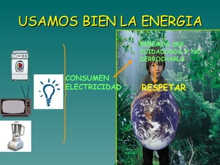 USAMOS BIEN LA ENERGIA CONSUMEN ELECTRICIDAD DEBEMOS   SER CUIDADOSOS Y NO DERROCHARLA RESPETAR 