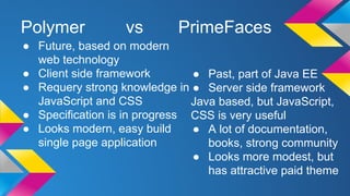 Polymer vs PrimeFaces
● Future, based on modern
web technology
● Client side framework
● Requery strong knowledge in
JavaScript and CSS
● Specification is in progress
● Looks modern, easy build
single page application
● Past, part of Java EE
● Server side framework
Java based, but JavaScript,
CSS is very useful
● A lot of documentation,
books, strong community
● Looks more modest, but
has attractive paid theme
 