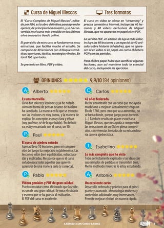 3
AJEDREZ21.COM/CURSO-AJEDREZ
El “Curso Completo de Miguel Illescas”, edita-
do por RBA, es la obra deﬁnitiva para aprender
ajedrez, de principiante a maestro, y se ha con-
vertido en el curso más vendido en los últimos
años en nuestra tienda online.
Elgranéxitodeestecursosefundamentaensu
estructura, que facilita mucho el estudio. Se
compone de 40 lecciones con 4 bloques temá-
ticos:aperturas,táctica,estrategiayﬁnales.En
total 160 apartados.
Se presenta en libro, PDF y video.
El curso en vídeo se ofrece en “streaming” y
precisa conexión a Internet. Incluye las 40 lec-
ciones y 40 vídeos exclusivos de Miguel
Illescas, que no aparecen en papel ni en PDF.
La versión PDF, en edición de lujo a todo color,
incluyelas40leccionesyunespecialde40artí-
culos sobre historia del ajedrez, que no apare-
cen ni en vídeo ni en papel, así como el ﬁchero
PGN con las partidas.
Para el libro papel hubo que sacriﬁcar algunas
lecciones, aun así mantiene todo lo esencial
del curso, incluyendo los ejercicios.
 Curso de Miguel Illescas  Tres formatos
 OPINIONES 9,9/10 (84 opiniones)
Alberto
Es una maravilla
Llevo tan solo tres lecciones y ya he notado
cómo mi forma de pensar delante del tablero
ha cambiado. La manera en la que se estructu-
ran las lecciones es muy buena, y la manera de
explicar los conceptos es muy clara y eﬁcaz
(soy profesor, sé de lo que hablo). En deﬁniti-
va, estoy encantado con el curso, un 10.
A Carlos
42 años federado
Me he encontrado con un curso que me ayuda
muchísimo a mejorar. Actualmente tengo un
Elo de 1760, pero creo que va a aumentar, no
sé hasta dónde, porque juego pocos torneos.
(...) También resulta un placer escuchar a
Miguel Illescas, que nos ayuda a comprender
las sensaciones de un GM en plena competi-
ción, con vivencias tomadas de su extraordina-
ria carrera ajedrecística.
C
Paul
El curso de ajedrez soñado
Apenas llevo 10 lecciones, pero mi compren-
sión del juego ha mejorado notablemente. Las
lecciones están bien equilibradas, estructura-
das y explicadas. Me parece que es el curso
soñado para todos aquellos que quieren
aprender de una manera seria (y correcta).
P
Isabelino
Lo más completo que he visto
Todo perfectamente explicado y las ideas con
sus ejemplos de partidas se transmiten bien.
Me he motivado mientras lo estoy estudiando.
I
Pablo
Vídeos geniales y PDF de gran calidad
Puedo constatar como aﬁcionado que los víde-
os son de una gran calidad. Se nota el cuidado
y esmero que se ha puesto al realizarlos.
El PDF del curso es excelente.
P Antonio
Un excelente curso
Desarrollo ordenado y práctico para el princi-
piante y avanzado. Metodología moderna y
contenidos adicionales muy interesantes.
Permite mejorar el nivel de manera rápida.
A
 