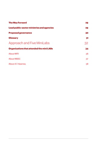 VI
The Way Forward									 29
Lead public-sector ministries and agencies 					 29
Proposed governance 								 30
Glossary										 31
Approach and Five MiniLabs					 32
Organizations that attended the mini LABs					 34
About MITI										 36
About MDEC										 37
About A.T. Kearney									 38
 
