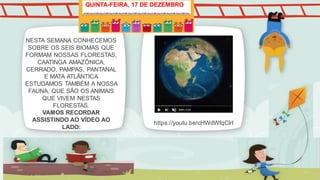 NESTA SEMANA CONHECEMOS
SOBRE OS SEIS BIOMAS QUE
FORMAM NOSSAS FLORESTAS,
CAATINGA AMAZÔNICA,
CERRADO, PAMPAS, PANTANAL
E MATA ATLÂNTICA
ESTUDAMOS TAMBÉM A NOSSA
FAUNA, QUE SÃO OS ANIMAIS
QUE VIVEM NESTAS
FLORESTAS.
VAMOS RECORDAR
ASSISTINDO AO VÍDEO AO
LADO:
QUINTA-FEIRA, 17 DE DEZEMBRO
https://youtu.be/cHWdWfqClrI
 