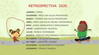 JANEIRO - FÉRIAS
FEVEREIRO - INÍCIO DAS AULAS PRESENCIAIS
MARÇO - TÉRMINO DAS AULAS PRESENCIAIS
ABRIL - INÍCIO DAS AULAS ONLINE/ CORONAVÍRUS
MAIO - JOGOS, BRINQUEDOS E BRINCADEIRAS
JUNHO - ALIMENTAÇÃO SAUDÁVEL
JULHO - MÚSICA/ DIVERSIDADE
AGOSTO - DIREITOS DAS CRIANÇAS E ADOLESCENTES
SETEMBRO - FOLCLORE/VACINAÇÃO
OUTUBRO - SEMANA DA CRIANÇA
NOVEMBRO - DESMATAMENTO/ ELEIÇÕES
DEZEMBRO - FÉRIAS E VIAGENS
RETROSPECTIVA 2020
 