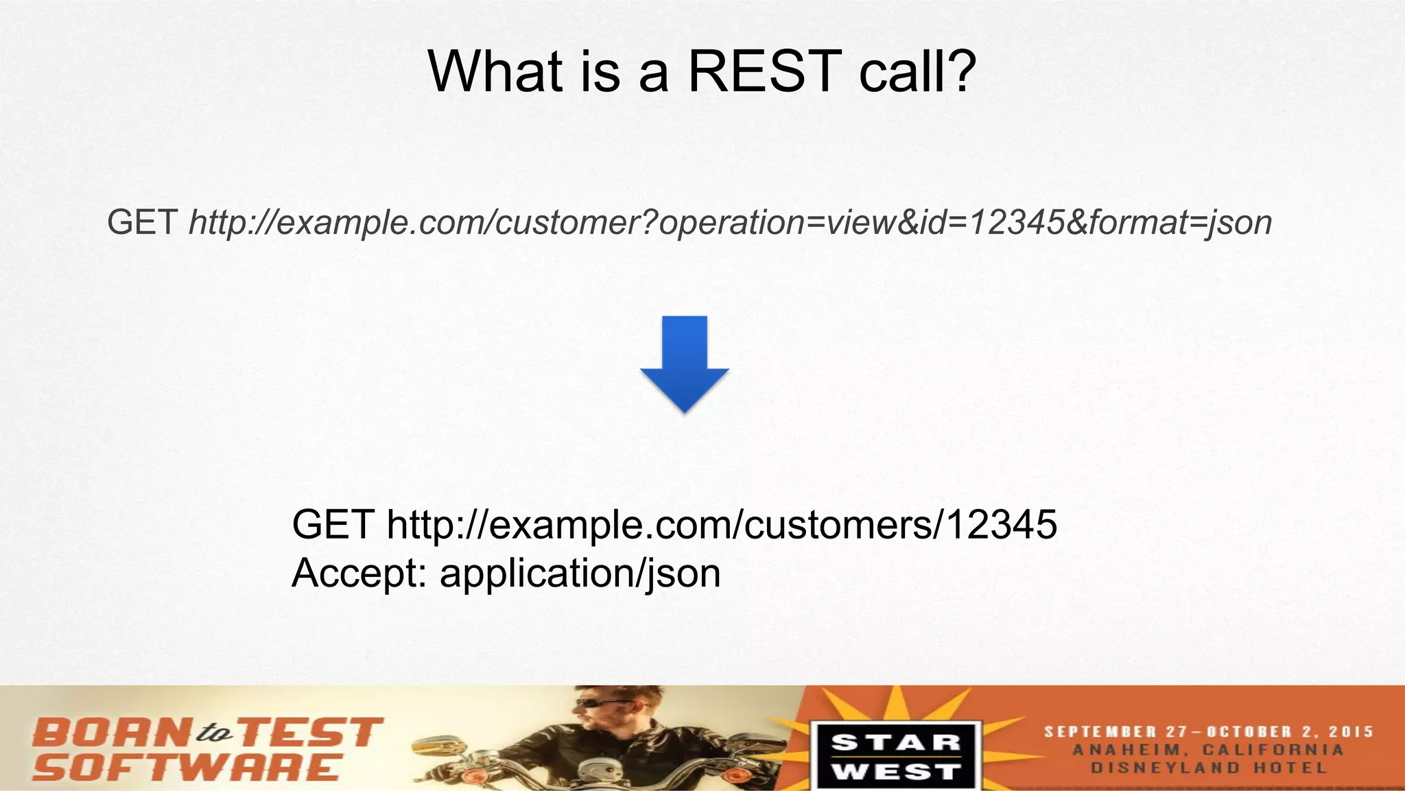 3
What is a REST call?
GET http://example.com/customer?operation=view&id=12345&format=json
GET http://example.com/customers/12345
Accept: application/json
 