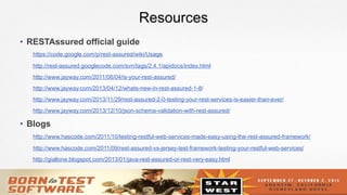 22
Resources
•  RESTAssured official guide
https://code.google.com/p/rest-assured/wiki/Usage
http://rest-assured.googlecode.com/svn/tags/2.4.1/apidocs/index.html
http://www.jayway.com/2011/06/04/is-your-rest-assured/
http://www.jayway.com/2013/04/12/whats-new-in-rest-assured-1-8/
http://www.jayway.com/2013/11/29/rest-assured-2-0-testing-your-rest-services-is-easier-than-ever/
http://www.jayway.com/2013/12/10/json-schema-validation-with-rest-assured/
•  Blogs
http://www.hascode.com/2011/10/testing-restful-web-services-made-easy-using-the-rest-assured-framework/
http://www.hascode.com/2011/09/rest-assured-vs-jersey-test-framework-testing-your-restful-web-services/
http://giallone.blogspot.com/2013/01/java-rest-assured-or-rest-very-easy.html
 