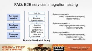 27
FAQ: E2E services integration testing
Paycheck
service
Employee
service
Company
service
CRUD
Request
Specifications
BaseUri
BasePath
ContentType
HTTP actions
Headers
SessionId, …
Domain Services Library
String companyId =
new CompanyServiceObject().
create(“name”);
String employeeId =
new EmployeeServiceObject().
create(companyId);
String paycheckId =
new PaycheckServiceObject().
create(employeeId,
currentMonth);
 