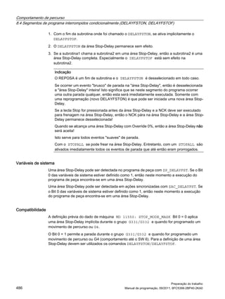 Comportamento de percurso
8.4 Segmentos de programa interrompidos condicionalmente (DELAYFSTON, DELAYFSTOF)
Preparação do trabalho
486 Manual de programação, 09/2011, 6FC5398-2BP40-2KA0
1. Com o fim da subrotina onde foi chamado o DELAYFSTON, se ativa implicitamente o
DELAYFSTOF.
2. O DELAYFSTON da área Stop-Delay permanece sem efeito.
3. Se a subrotina1 chama a subrotina2 em uma área Stop-Delay, então a subrotina2 é uma
área Stop-Delay completa. Especialmente o DELAYFSTOF está sem efeito na
subrotina2.
Variáveis de sistema
Uma área Stop-Delay pode ser detectada no programa de peça com $P_DELAYFST. Se o Bit
0 das variáveis de sistema estiver definido como 1, então neste momento a execução do
programa de peça encontra-se em uma área Stop-Delay.
Uma área Stop-Delay pode ser detectada em ações sincronizadas com $AC_DELAYFST. Se
o Bit 0 das variáveis de sistema estiver definido como 1, então neste momento a execução
do programa de peça encontra-se em uma área Stop-Delay.
Compatibilidade
A definição prévia do dado de máquina MD 11550: STOP_MODE_MASK Bit 0 = 0 aplica
uma área Stop-Delay implícita durante o grupo G331/G332 e quando for programado um
movimento de percurso ou G4.
O Bit 0 = 1 permite a parada durante o grupo G331/G332 e quando for programado um
movimento de percurso ou G4 (comportamento até o SW 6). Para a definição de uma área
Stop-Delay devem ser utilizados os comandos DELAYFSTON/DELAYFSTOF.
Indicação
O REPOSA é um fim de subrotina e o DELAYFSTON é desselecionado em todo caso.
Se ocorrer um evento "brusco" de parada na "área Stop-Delay", então é desselecionada
a "área Stop-Delay" inteira! Isto significa que se neste segmento do programa ocorrer
uma outra parada qualquer, então esta será imediatamente executada. Somente com
uma reprogramação (novo DELAYFSTON) é que pode ser iniciada uma nova área Stop-
Delay.
Se a tecla Stop for pressionada antes da área Stop-Delay e a NCK deve ser executado
para frenagem na área Stop-Delay, então o NCK pára na área Stop-Delay e a área Stop-
Delay permanece desselecionada!
Quando se alcança uma área Stop-Delay com Override 0%, então a área Stop-Delay não
será aceita!
Isto serve para todos eventos "suaves" de parada.
Com o STOPALL se pode frear na área Stop-Delay. Entretanto, com um STOPALL são
ativados imediatamente todos os eventos de parada que até então eram prorrogados.
 