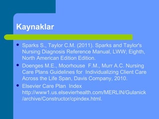 Kaynaklar
 Sparks S., Taylor C.M. (2011). Sparks and Taylor's
Nursing Diagnosis Reference Manual, LWW; Eighth,
North American Edition Edition.
 Doenges M.E., Moorhouse F.M., Murr A.C. Nursing
Care Plans Guidelines for Individualizing Client Care
Across the Life Span, Davis Company, 2010.
 Elsevier Care Plan Index
http://www1.us.elsevierhealth.com/MERLIN/Gulanick
/archive/Constructor/cpindex.html.
 