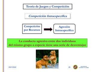 26
2021/2022
Agresión
Intraespecífica
Competición
por Recursos
Competición Intraespecífica
Teoría de Juegos y Competición
La conducta agresiva entre dos individuos
del mismo grupo o especie tiene una serie de desventajas
 