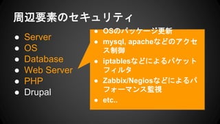 周辺要素のセキュリティ
● Server
● OS
● Database
● Web Server
● PHP
● Drupal
● OSのパッケージ更新
● mysql, apacheなどのアクセ
ス制御
● iptablesなどによるパケット
フィルタ
● Zabbix/Negiosなどによるパ
フォーマンス監視
● etc..
 