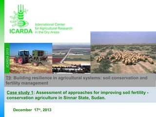 ICARDA 2013

T9: Building resilience in agricultural systems: soil conservation and
fertility management
Case study 1: Assessment of approaches for improving soil fertility conservation agriculture in Sinnar State, Sudan.
December 17th, 2013

 
