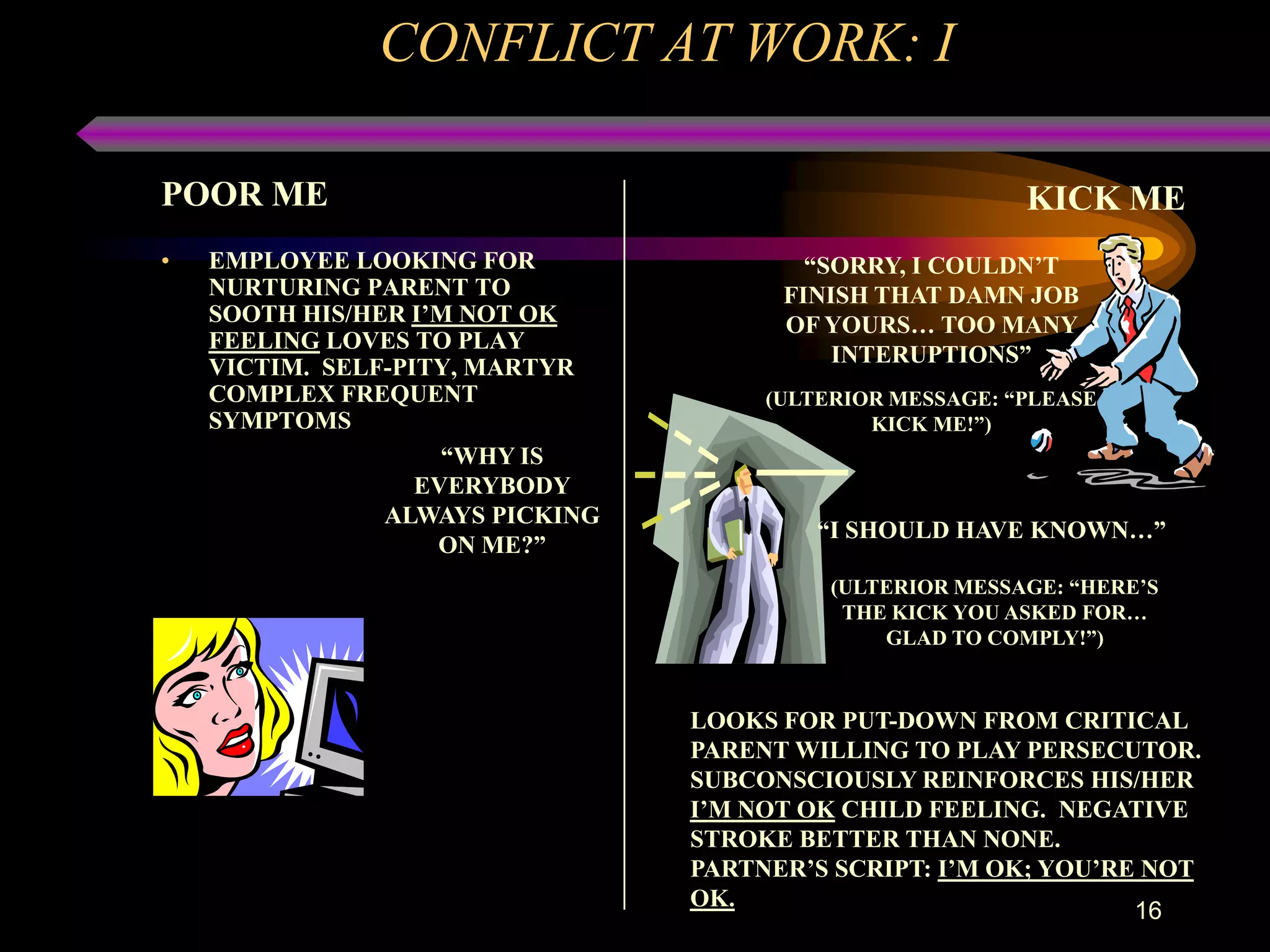 CONFLICT AT WORK: I

POOR ME                                                   KICK ME
•   EMPLOYEE LOOKING FOR                 “SORRY, I COULDN’T
    NURTURING PARENT TO                FINISH THAT DAMN JOB
    SOOTH HIS/HER I’M NOT OK           OF YOURS… TOO MANY
    FEELING LOVES TO PLAY
                                           INTERUPTIONS”
    VICTIM. SELF-PITY, MARTYR
    COMPLEX FREQUENT                  (ULTERIOR MESSAGE: “PLEASE
    SYMPTOMS                                  KICK ME!”)
                     “WHY IS
                   EVERYBODY
                ALWAYS PICKING
                                          “I SHOULD HAVE KNOWN…”
                    ON ME?”
                                           (ULTERIOR MESSAGE: “HERE’S
                                            THE KICK YOU ASKED FOR…
                                               GLAD TO COMPLY!”)


                                 LOOKS FOR PUT-DOWN FROM CRITICAL
                                 PARENT WILLING TO PLAY PERSECUTOR.
                                 SUBCONSCIOUSLY REINFORCES HIS/HER
                                 I’M NOT OK CHILD FEELING. NEGATIVE
                                 STROKE BETTER THAN NONE.
                                 PARTNER’S SCRIPT: I’M OK; YOU’RE NOT
                                 OK.
                                                                 16
 