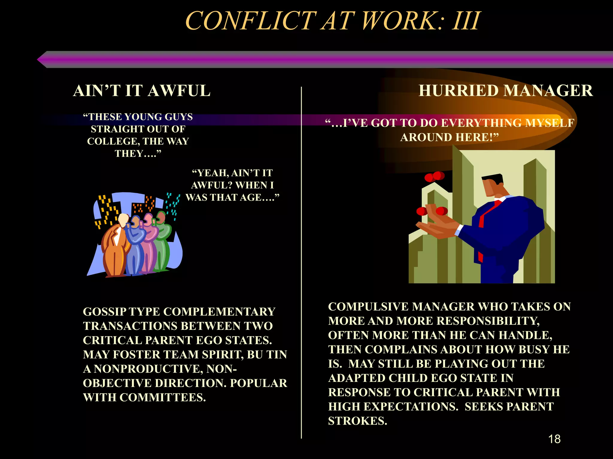 CONFLICT AT WORK: III

AIN’T IT AWFUL                                 HURRIED MANAGER
 “THESE YOUNG GUYS
   STRAIGHT OUT OF
                                   “…I’VE GOT TO DO EVERYTHING MYSELF
  COLLEGE, THE WAY                            AROUND HERE!”
       THEY….”
                 “YEAH, AIN’T IT
                 AWFUL? WHEN I
                WAS THAT AGE….”




 GOSSIP TYPE COMPLEMENTARY         COMPULSIVE MANAGER WHO TAKES ON
 TRANSACTIONS BETWEEN TWO          MORE AND MORE RESPONSIBILITY,
 CRITICAL PARENT EGO STATES.       OFTEN MORE THAN HE CAN HANDLE,
 MAY FOSTER TEAM SPIRIT, BU TIN    THEN COMPLAINS ABOUT HOW BUSY HE
 A NONPRODUCTIVE, NON-             IS. MAY STILL BE PLAYING OUT THE
 OBJECTIVE DIRECTION. POPULAR      ADAPTED CHILD EGO STATE IN
 WITH COMMITTEES.                  RESPONSE TO CRITICAL PARENT WITH
                                   HIGH EXPECTATIONS. SEEKS PARENT
                                   STROKES.
                                                                 18
 