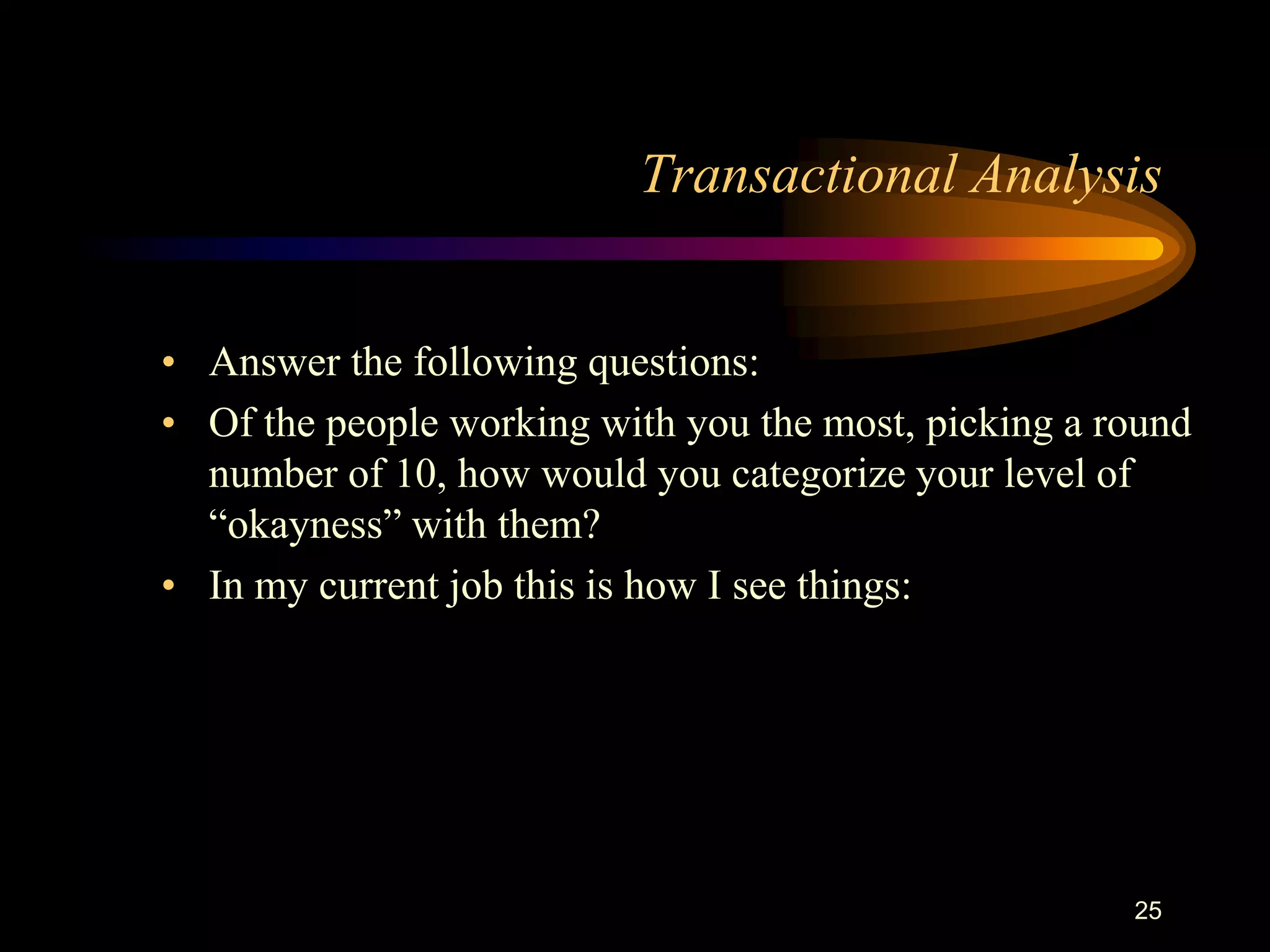Transactional Analysis


• Answer the following questions:
• Of the people working with you the most, picking a round
  number of 10, how would you categorize your level of
  “okayness” with them?
• In my current job this is how I see things:




                                                      25
 