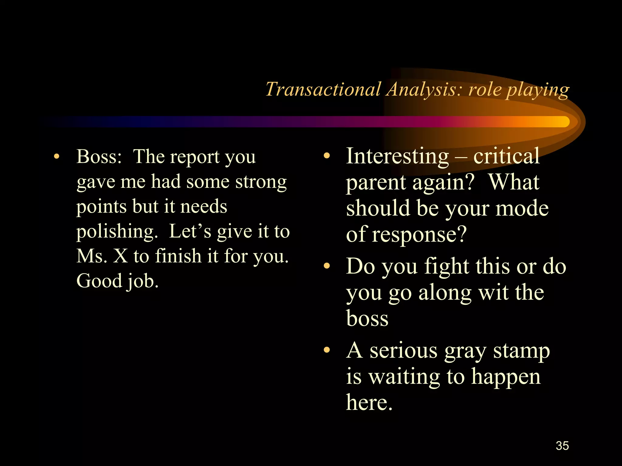 Transactional Analysis: role playing


• Boss: The report you          • Interesting – critical
  gave me had some strong         parent again? What
  points but it needs             should be your mode
  polishing. Let‟s give it to     of response?
  Ms. X to finish it for you.
                                • Do you fight this or do
  Good job.
                                  you go along wit the
                                  boss
                                • A serious gray stamp
                                  is waiting to happen
                                  here.
                                                           35
 