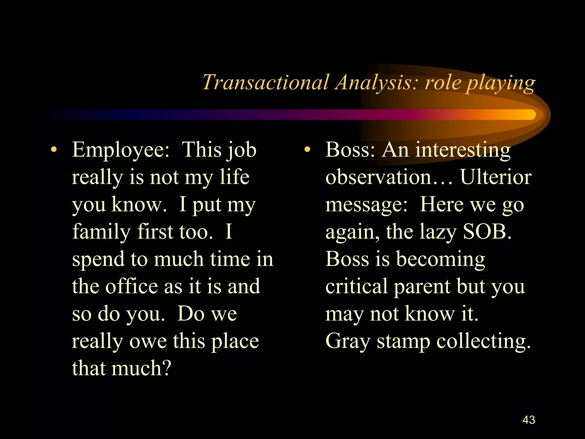 Transactional Analysis: role playing

• Employee: This job        • Boss: An interesting
  really is not my life       observation… Ulterior
  you know. I put my          message: Here we go
  family first too. I         again, the lazy SOB.
  spend to much time in       Boss is becoming
  the office as it is and     critical parent but you
  so do you. Do we            may not know it.
  really owe this place       Gray stamp collecting.
  that much?

                                                    43
 