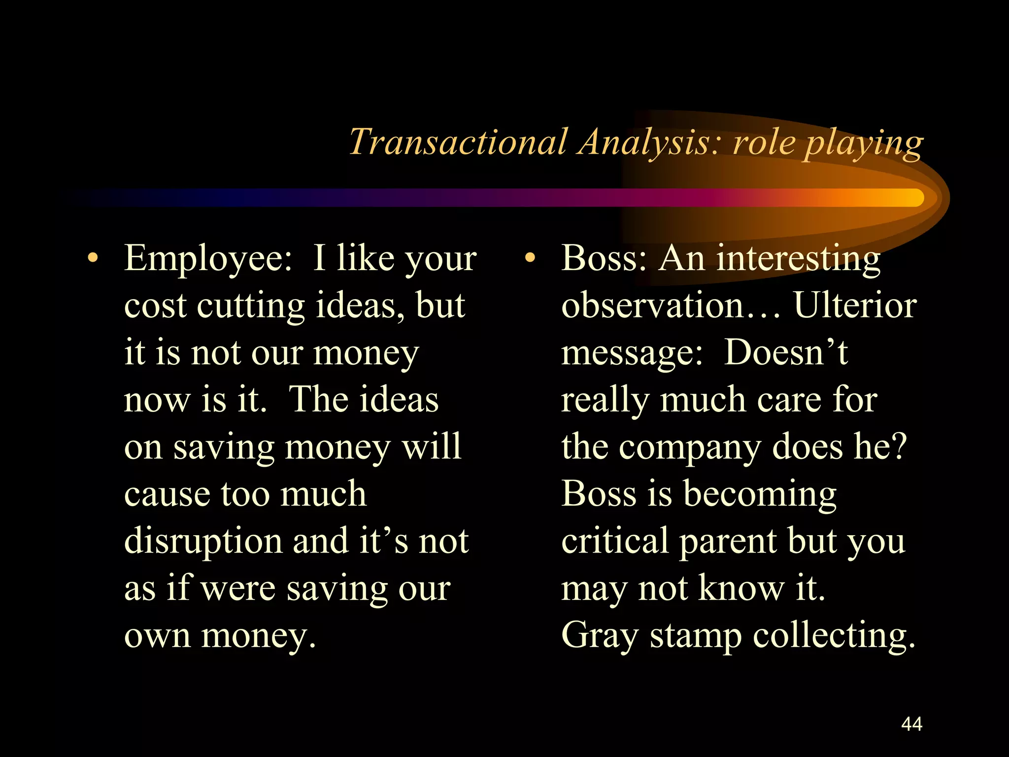 Transactional Analysis: role playing

• Employee: I like your     • Boss: An interesting
  cost cutting ideas, but     observation… Ulterior
  it is not our money         message: Doesn‟t
  now is it. The ideas        really much care for
  on saving money will        the company does he?
  cause too much              Boss is becoming
  disruption and it‟s not     critical parent but you
  as if were saving our       may not know it.
  own money.                  Gray stamp collecting.

                                                    44
 