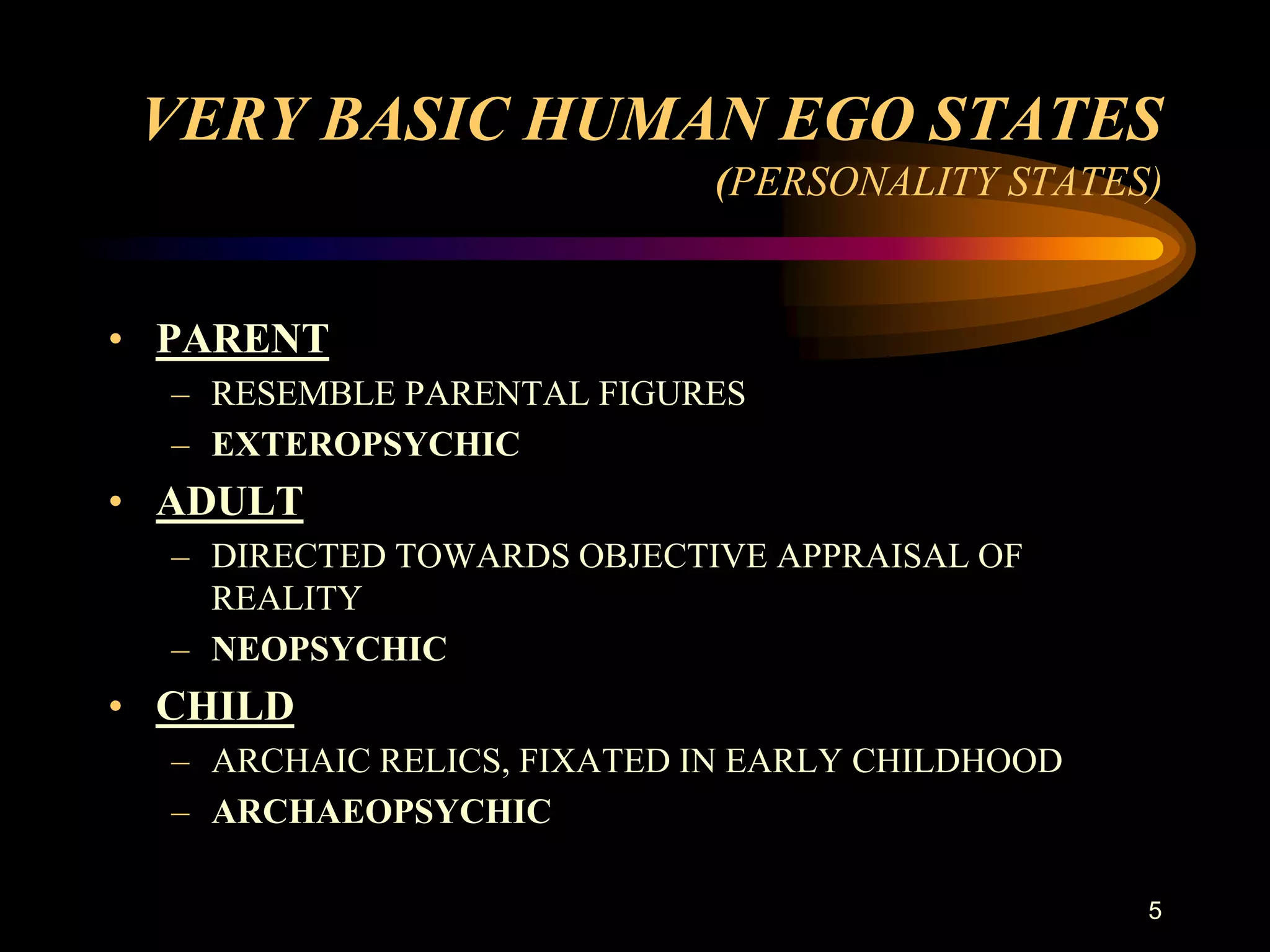 VERY BASIC HUMAN EGO STATES
                            (PERSONALITY STATES)


• PARENT
  – RESEMBLE PARENTAL FIGURES
  – EXTEROPSYCHIC
• ADULT
  – DIRECTED TOWARDS OBJECTIVE APPRAISAL OF
    REALITY
  – NEOPSYCHIC
• CHILD
  – ARCHAIC RELICS, FIXATED IN EARLY CHILDHOOD
  – ARCHAEOPSYCHIC

                                                 5
 