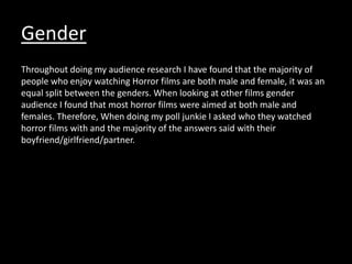 Gender
Throughout doing my audience research I have found that the majority of
people who enjoy watching Horror films are both male and female, it was an
equal split between the genders. When looking at other films gender
audience I found that most horror films were aimed at both male and
females. Therefore, When doing my poll junkie I asked who they watched
horror films with and the majority of the answers said with their
boyfriend/girlfriend/partner.
 