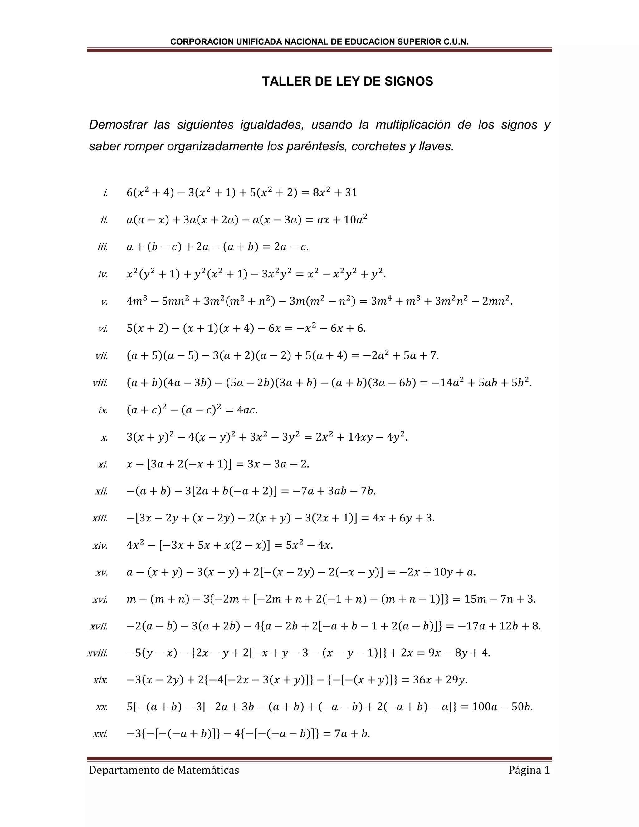 TALLER De ley de signos | PDF