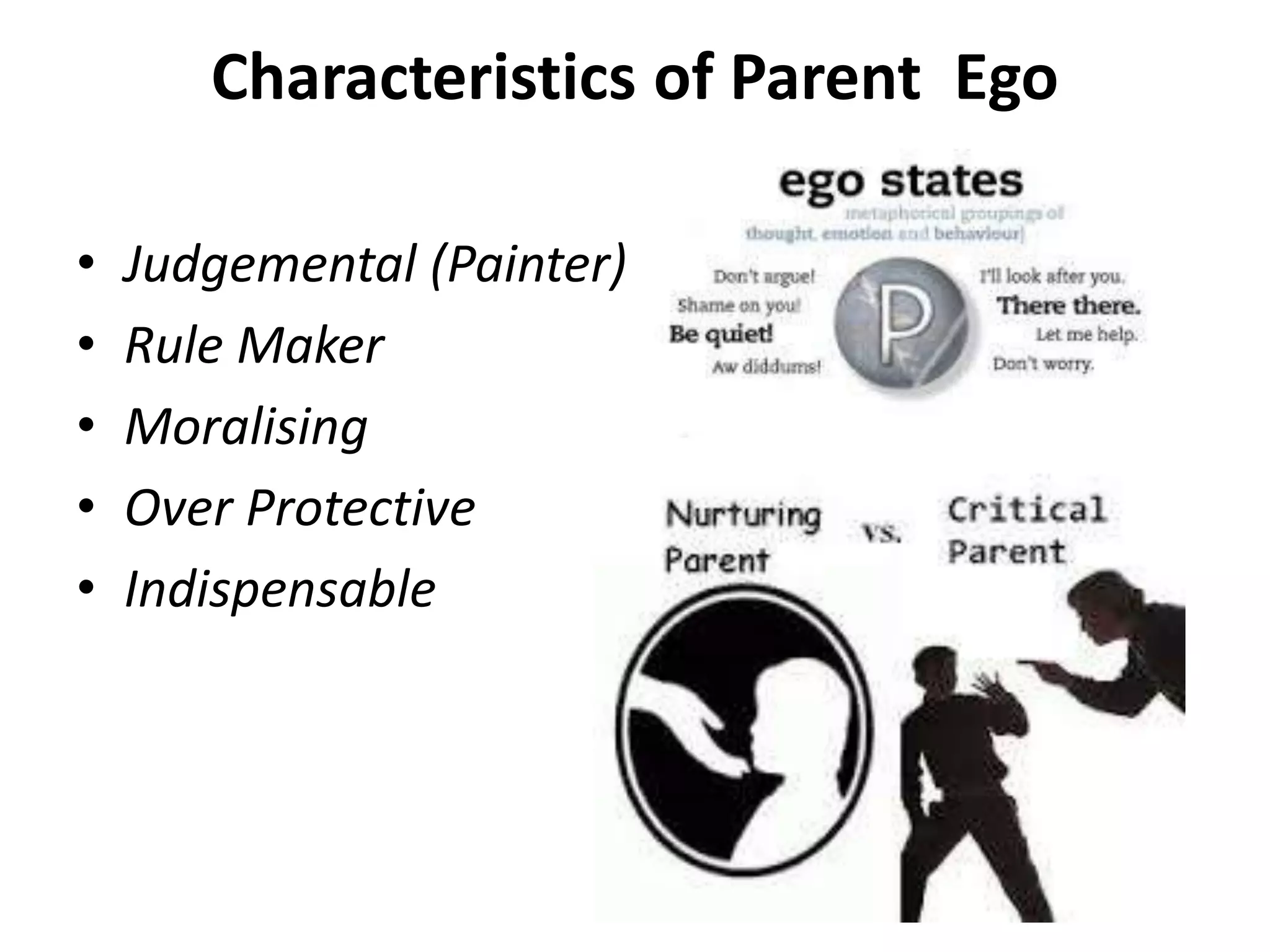 Characteristics of Parent Ego
• Judgemental (Painter)
• Rule Maker
• Moralising
• Over Protective
• Indispensable
 
