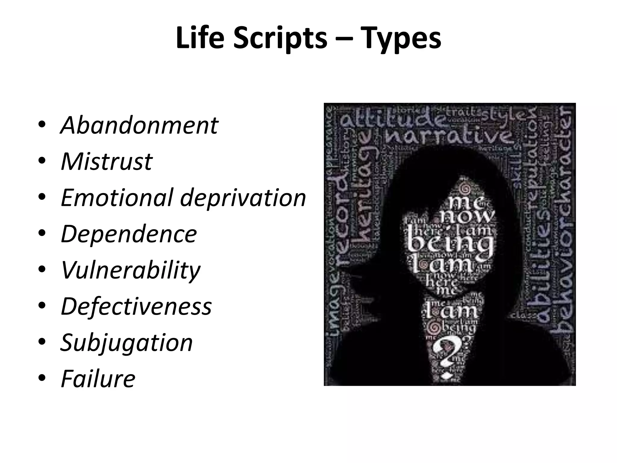 Life Scripts – Types
• Abandonment
• Mistrust
• Emotional deprivation
• Dependence
• Vulnerability
• Defectiveness
• Subjugation
• Failure
 
