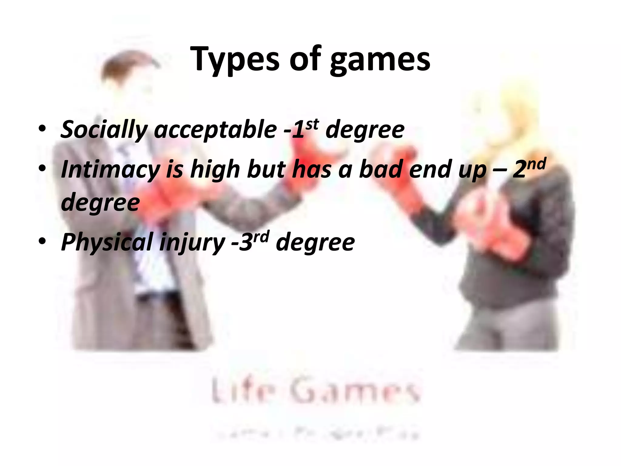 Types of games
• Socially acceptable -1st degree
• Intimacy is high but has a bad end up – 2nd
degree
• Physical injury -3rd degree
 