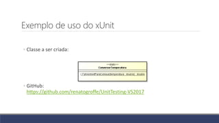Exemplo de uso do xUnit
◦ Classe a ser criada:
◦ GitHub:
https://github.com/renatogroffe/UnitTesting-VS2017
 