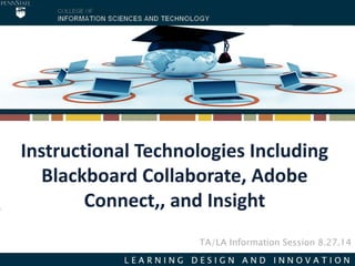 Instructional Technologies Including
Blackboard Collaborate, Adobe
Connect, and Insight
TA/LA Information Session 8.27.14
 