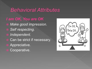 I am OK, You are OK
 Make good impression.
 Self respecting.
 Independent.
 Can be strict if necessary.
 Appreciative.
 Cooperative.
 
