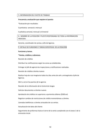 92
5.-INFORMACION DEL PUESTO DE TRABAJO
Frecuencia y evaluación que requiere el puesto:
*Evaluación por resultados:
Cuantitativa semanal o mensual
Cualitativa semanal, mensual o trimestral
6.- NOMBRE DE LA POSICIÓN Y PUESTO RESPONSABLE DE TODA LA INFORMACION
INDICADA:
Gerente, coordinador de ventas y Jefe de Agencia.
7. DETALLE DE FUNCIONES Y TAREAS ESPECÍFICAS DE LA POSICIÓN
Funciones y tareas.
*Ventas, créditos y cobranzas.
Revisión de créditos
Distribuir las notificaciones según las zonas ya establecidas.
Entregar al jefe de agencia las inspecciones y notificaciones realizadas.
Revisión de créditos clientes nuevos
Realizar hoja de ruta imaginaria todos los días antes de salir y entregárselo al jefe de
Agencia.
Abrir y cerrar las puertas de la agencia
Revisión de la información de la Central de riesgos
Solicitar documentos a clientes nuevos
Aprobación de créditos no superiores a quinientos dólares ($500.oo)
Registrar cambios de restricciones de crédito momentáneas a clientes.
Llamadas telefónicas a clientes atrasados de sus ventas.
Actualización de datos del cliente
Seguimiento de proformas hasta el cierre de la venta cumpliendo con el anexo 1 de la
entrevista inicial.
 