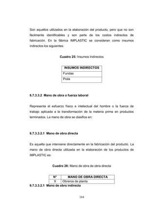 164
Son aquellos utilizados en la elaboración del producto, pero que no son
fácilmente identificables y son parte de los costos indirectos de
fabricación. En la fábrica IMPLASTIC se consideran como insumos
indirectos los siguientes:
Cuadro 25: Insumos Indirectos
INSUMOS INDIRECTOS
Fundas
Piola
6.7.3.3.2 Mano de obra o fuerza laboral
Representa el esfuerzo físico e intelectual del hombre o la fuerza de
trabajo aplicada a la transformación de la materia prima en productos
terminados. La mano de obra se clasifica en:
6.7.3.3.2.1 Mano de obra directa
Es aquella que interviene directamente en la fabricación del producto. La
mano de obra directa utilizada en la elaboración de los productos de
IMPLASTIC es:
Cuadro 26: Mano de obra de obra directa
N° MANO DE OBRA DIRECTA
9 Obreros de planta
6.7.3.3.2.1 Mano de obra indirecta
 