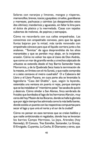 Solares con naranjos y limones, mangos y nísperos,
mamoncillos, brevos, icacos y guayabos; ciruelos, guanábanas
y mameyes, pachuacas y caimitos (ya desaparecidos estos
dos últimos); mandarinos y aguacates, sin faltar la lima para
el dulce de platico y la mermelada. Casas con tejados
cubiertos de melones, de pepinos y estropajos.
Cómo no recordarla con sus calles empedradas. Las
conocimos con empedrado convexo, para que las aguas
lluvias bajaran por la mitad, más tarde renovado con
empedrado cóncavo para que el líquido corriera junto a los
andenes. “Tomitas” de agua desprendidas de los altos
manantiales y que se perdían muy abajo, en la incipiente
erosión. Cómo no volver los ojos al Llano de Don Andrés,
que como un mar de gramilla verde y a trechos salpicado de
arbustos se extendía desde el hoy Barrio Santander hasta
Morrorrico, y de la Quebrada Seca hasta la terminación de
la meseta, en límites con el río Suratá, y que nadie compraba
ni a siete centavos el metro cuadrado? O a Cabecera del
Llano y el Llano Puyana, en cuya parte alta se levantaba la
legendaria “Casa del Diablo”, que, según la leyenda,
ostentaba una ventana sin puerta ni rejas, porque siempre
que se las instalaban el “mismísimo patas” las sacaba de quicio
y destruía. Cómo olvidar a San Alonso, finca sembrada de
frutales que bordeaba el lago de los hermanos Alarcón, muy
cerca del hoy Mesón de los Búcaros, donde se halla la glorieta
que por algún tiempo fue admirada como la más bella fuente,
donde existía un puente con las respectivas compuertas para
secar el lago y que unía el norte y el sur de la ciudad?
Cómo no pensar en esos terrenos que se creían baldíos y
que nadie ambicionaba ni regalados, donde hoy se levantan
los barrios Campo Hermoso, La Joya, Arenales (hoy
Kennedy), El Conuco, Tres Estrellas, Santander, La Granja,
El Envigado, Cuyamita, La Cocha, El Diamante y otros, que

                              40
 
