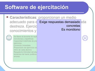 Software de ejercitación
 Características: proporcionan un medio
adecuado para el dominio de una determinada
destreza. Ejercicios para reforzar
conocimientos y desarrollar habilidades
Se libera al docente de repiticiones
monotonas y repetitivas
Capacidad indefinida de presentar
ejercicios
Correción inmediata
Propocición de ejercicios según el
ritmo de cada alumno
Respeta la intimidad del alumno
temeroso de hacer publicos sus
errores

Exige respuestas demasiado
concretas
Es monótono

 