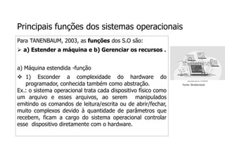Principais funções dos sistemas operacionais
Para TANENBAUM, 2003, as funções dos S.O são:
 a) Estender a máquina e b) Gerenciar os recursos .
a) Máquina estendida -função
 1) Esconder a complexidade do hardware do
programador, conhecida também como abstração.
Ex.: o sistema operacional trata cada dispositivo físico como
um arquivo e esses arquivos, ao serem manipulados
emitindo os comandos de leitura/escrita ou de abrir/fechar,
muito complexos devido à quantidade de parâmetros que
recebem, ficam a cargo do sistema operacional controlar
esse dispositivo diretamente com o hardware.
Fonte: Shutterstock
 